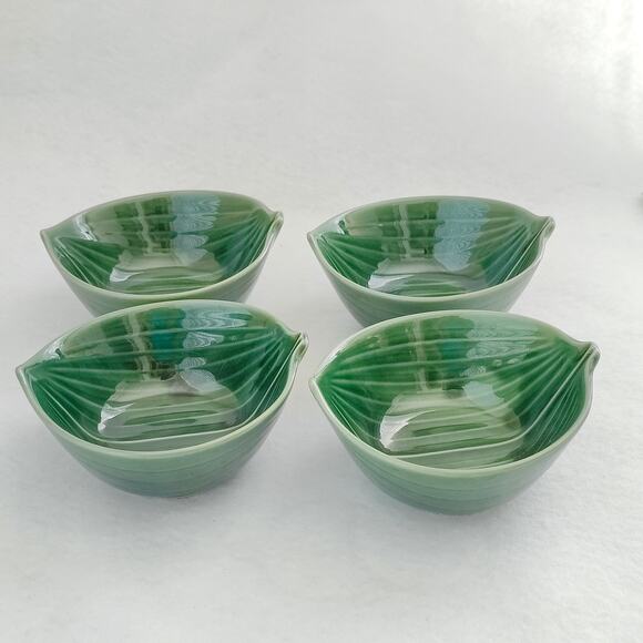 Lettuce Green Leaf Dipping Sauce Ceramic Pottery Glaze Bowls 4 Set ASMA signed - Picture 8 of 9